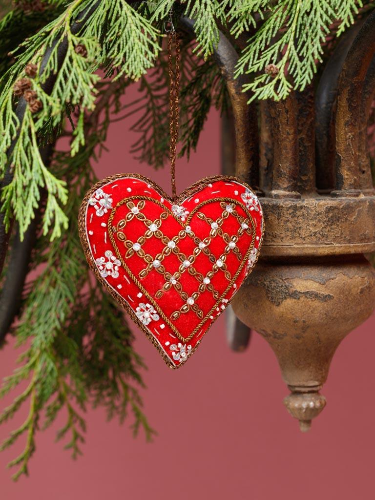 Cuore in tessuto rosso ricamato con motivo a griglia dorata, decorazione elegante per Natale e per tutto l’anno