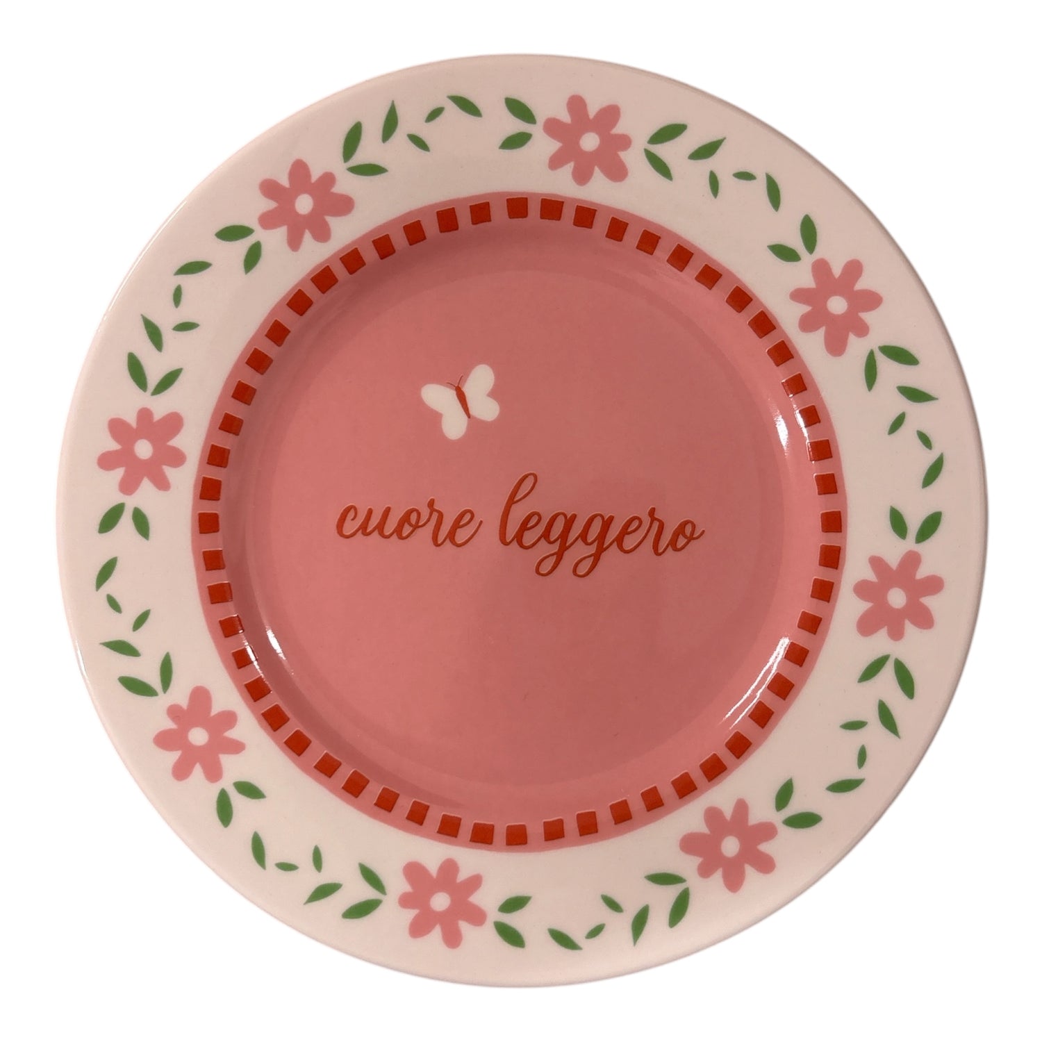 Piatto in porcellana rosa Ø16 cm con scritta “Cuore leggero”, fiori rosa, foglie verdi e piccola farfalla
