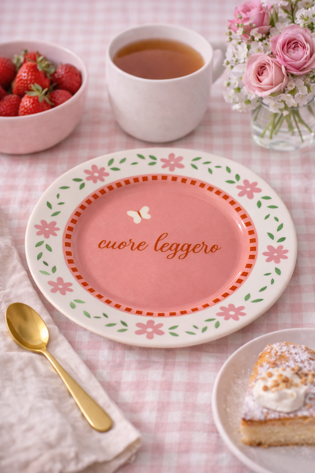 Piatto in porcellana rosa Ø16 cm con scritta “Cuore leggero”, fiori e farfalla, ambientato su tavola con tè e dessert