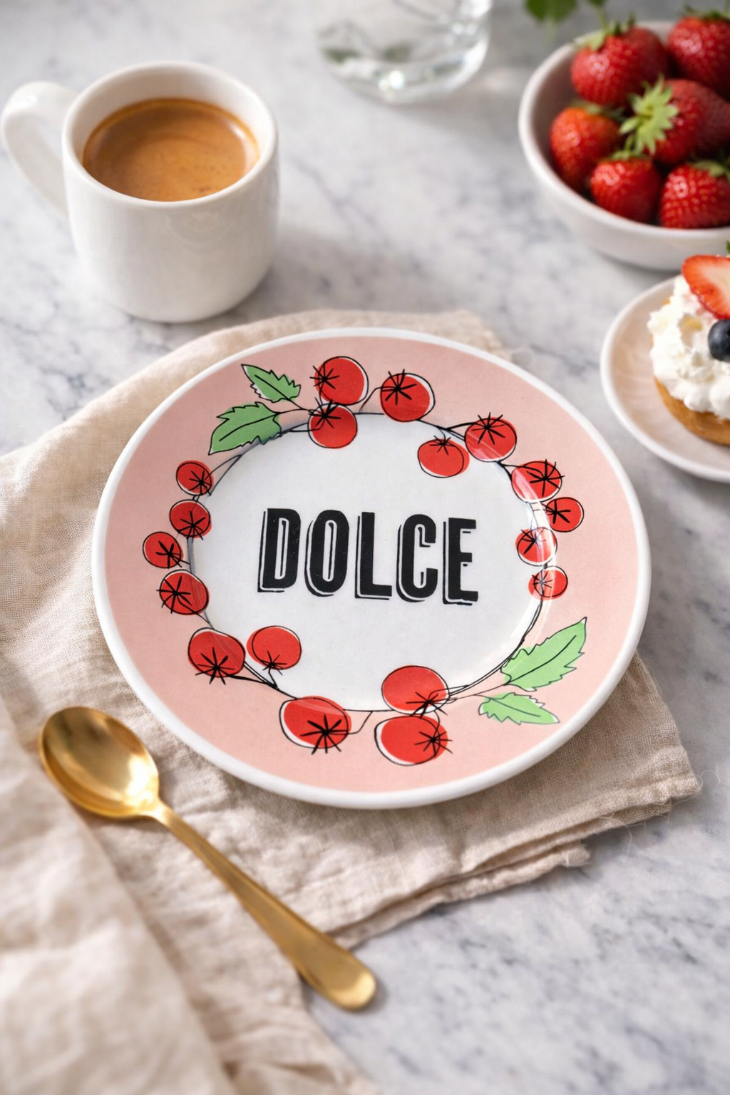 Piatto dessert in porcellana Ø16 cm con scritta “Dolce” e motivo pomodori , ambientato su tavola in marmo con tazza di caffè, fragole e cucchiaino dorato.