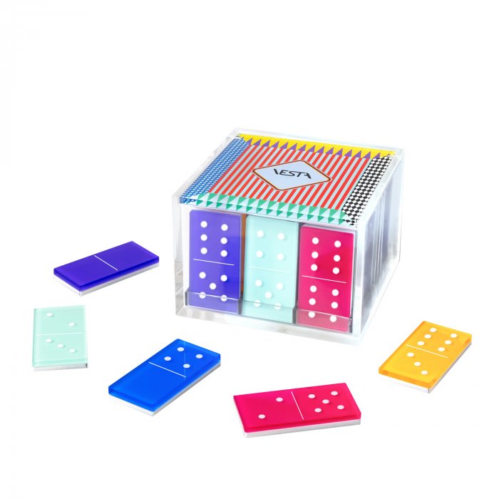 Gioco domino Vesta in cristallo acrilico con tessere colorate a vista