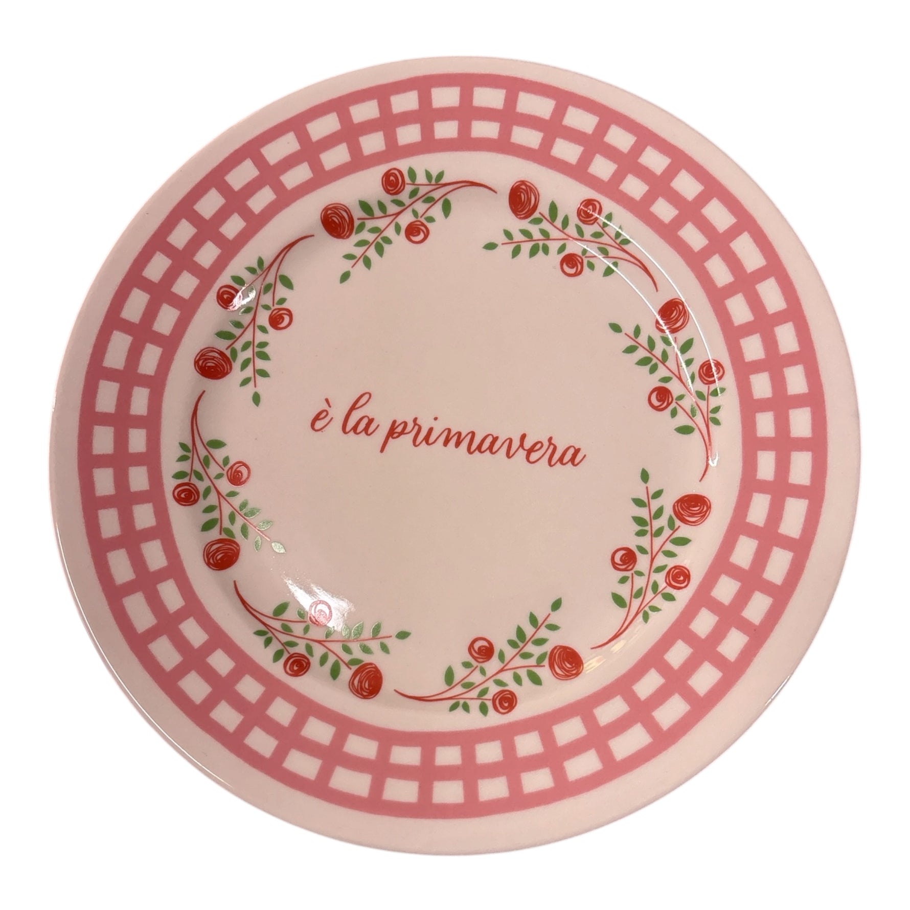 Piatto in porcellana Ø21 cm con scritta “è la primavera”, decoro floreale rosso e verde e bordo rosa
