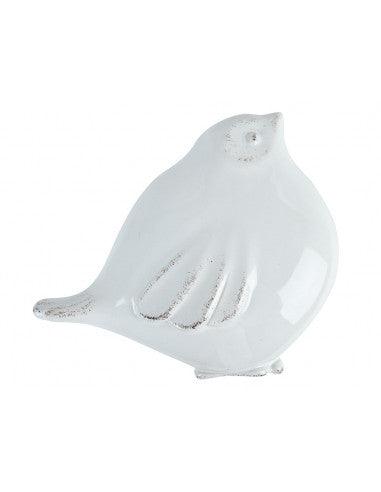 Evaporatore in ceramica smaltata bianca a forma di uccellino, firmato Virginia Casa. Perfetto per umidificare e decorare con poesia.