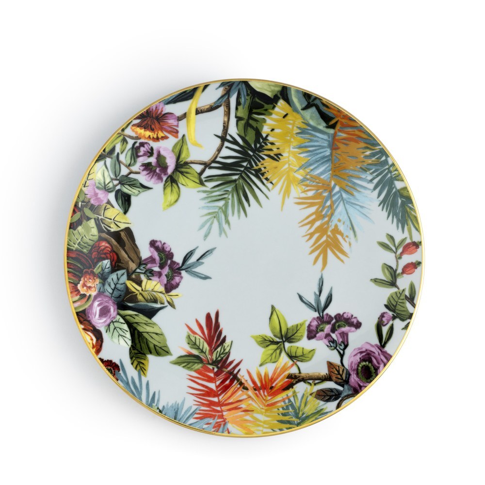 Piatto piano Exotic Jungle Sky di Simone Guidarelli in porcellana azzurro cielo con dettagli botanici tropicali.