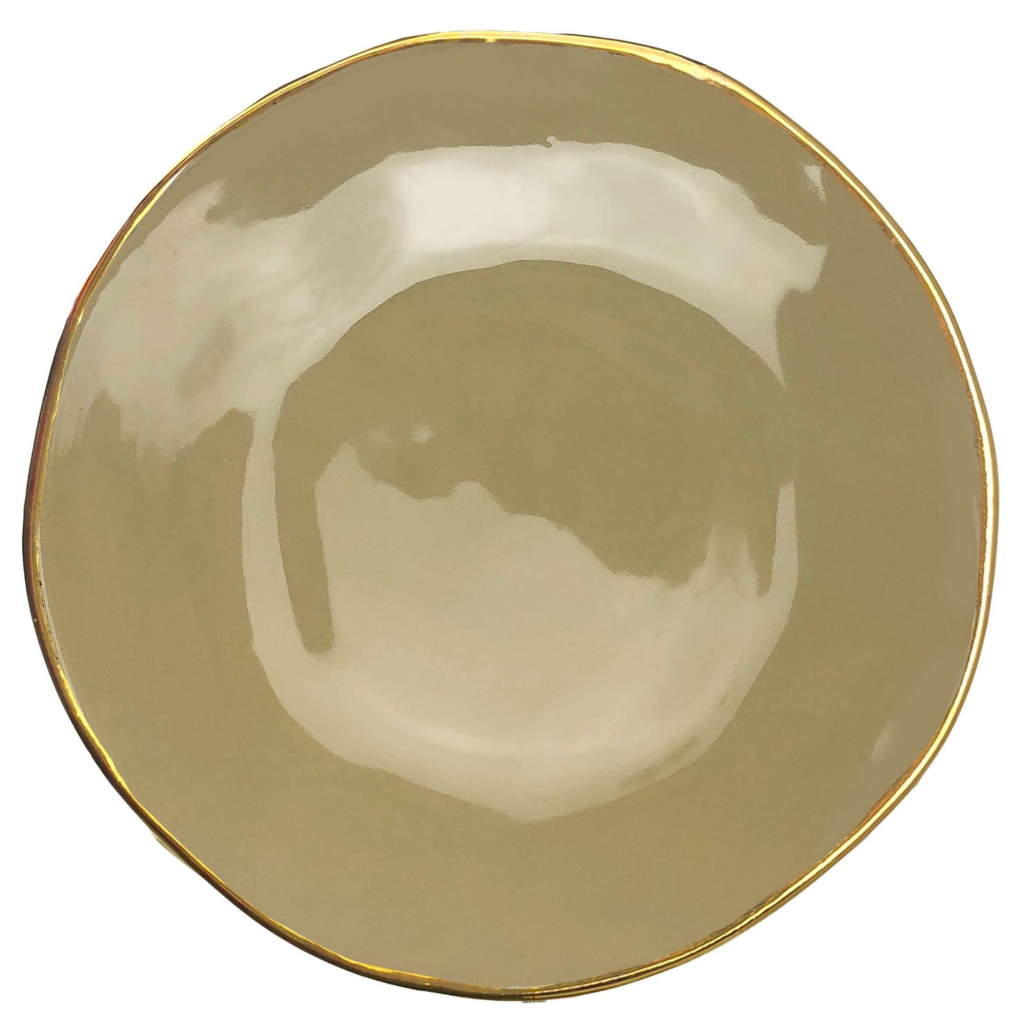 Piatto piano artigianale color fango con bordo oro linea Materia di Arcucci