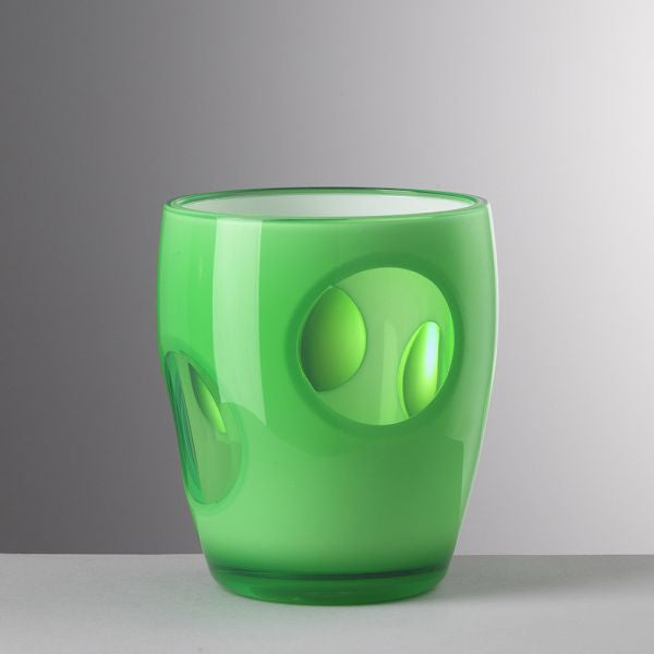 Bicchiere Fish Eye verde fluo in acrilico con oblò trasparenti, design estivo Mario Luca Giusti