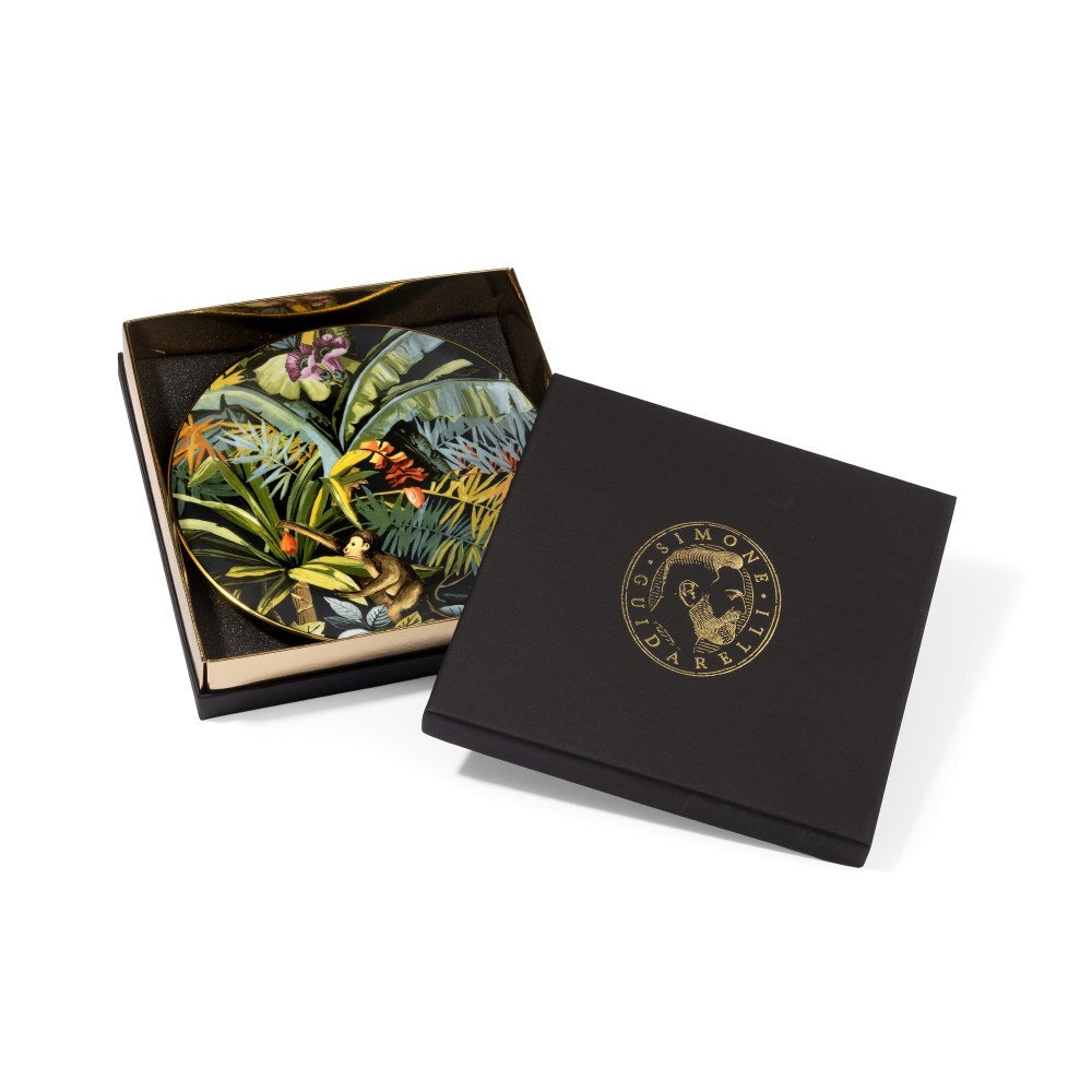 Piatto frutta Exotic Jungle Midnight di Simone Guidarelli con elegante confezione regalo nera e dettagli oro.