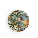 Piatto frutta Exotic Jungle Sky di Simone Guidarelli con motivi botanici tropicali e fondo azzurro cielo.