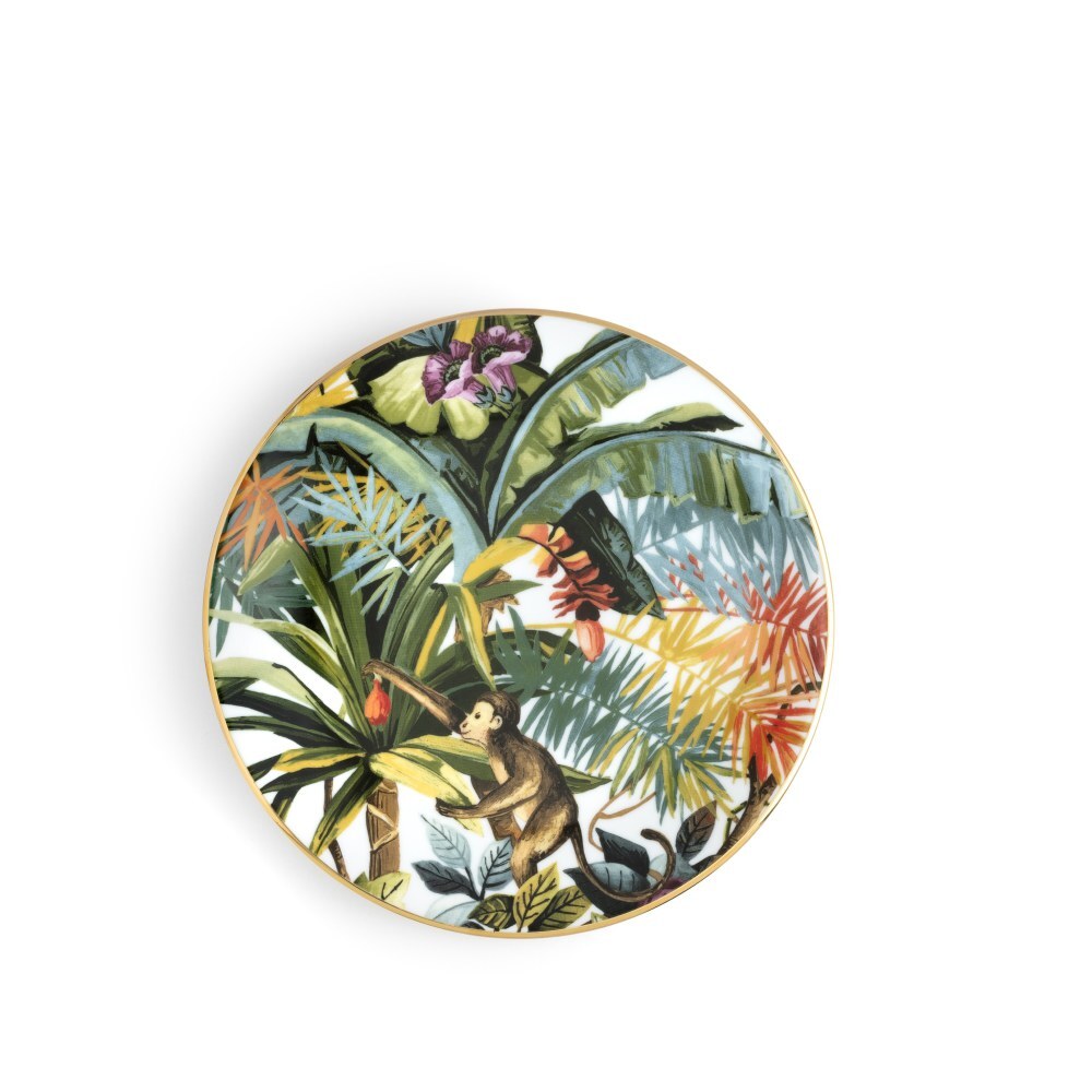 Piatto frutta Exotic Jungle White di Simone Guidarelli con decorazioni jungle tropicali e bordo oro.