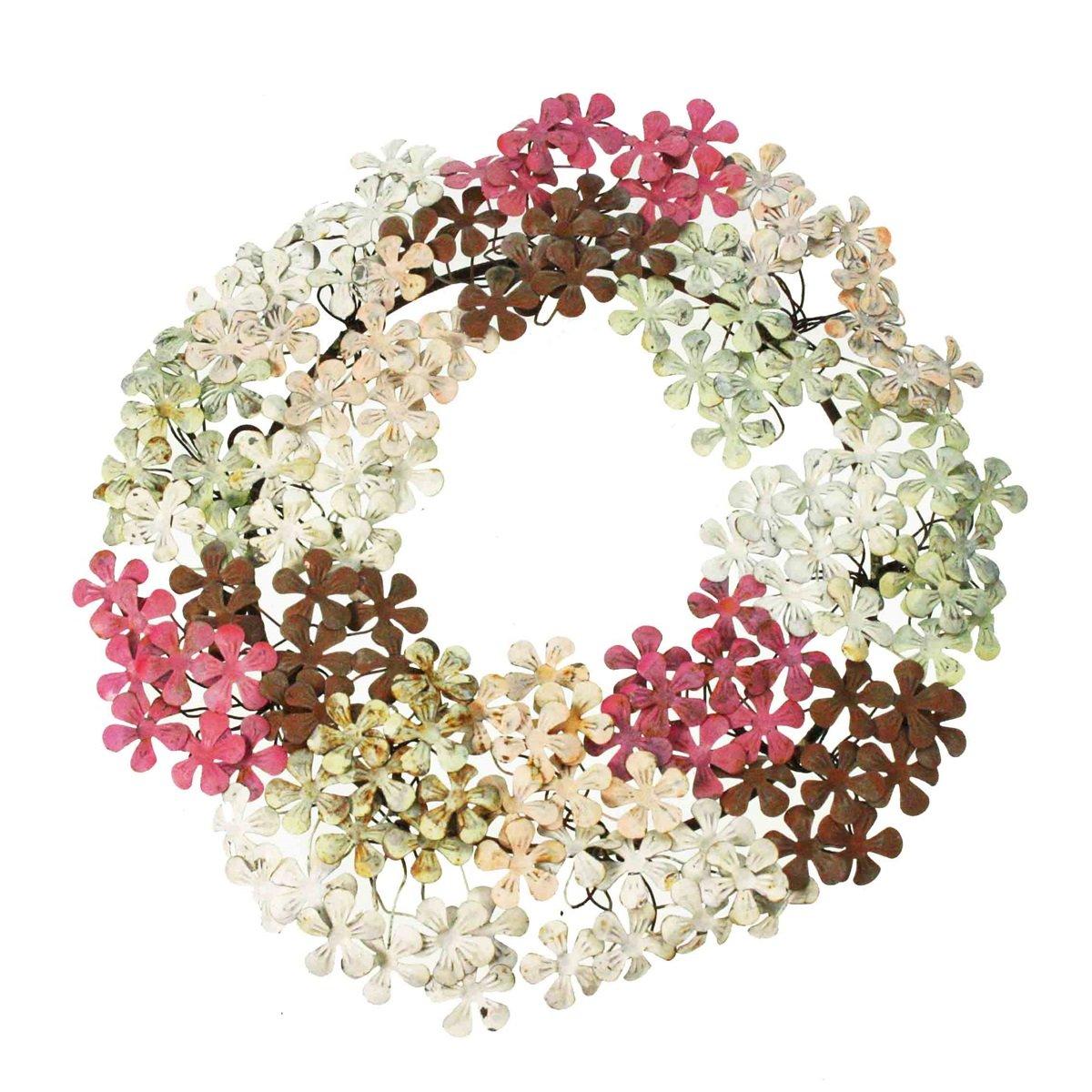 Ghirlanda in metallo shabby con fiori panna, rosa, fucsia e azzurro pastello – 25x25 cm