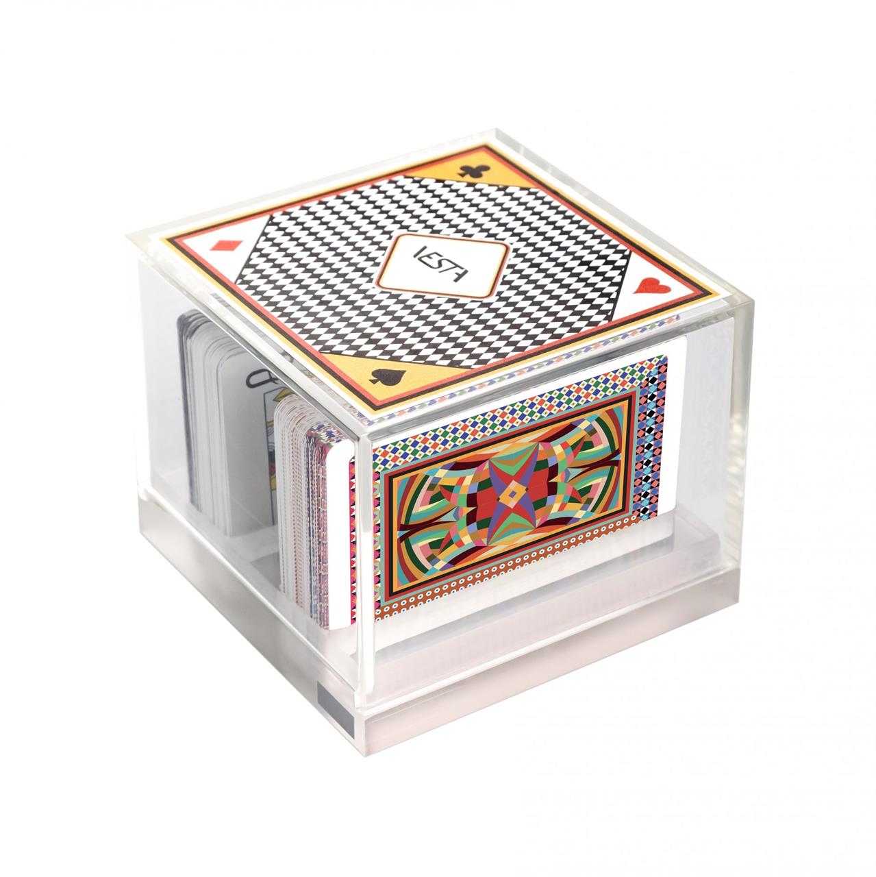 Portacarte Vesta in cristallo acrilico trasparente con carte da gioco colorate, made in Italy