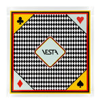 Portacarte Vesta in cristallo acrilico trasparente con carte da gioco colorate, made in Italy