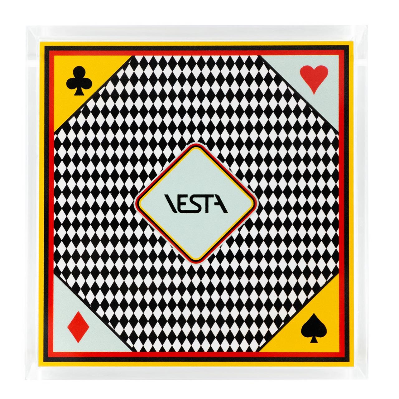 Portacarte Vesta in cristallo acrilico trasparente con carte da gioco colorate, made in Italy