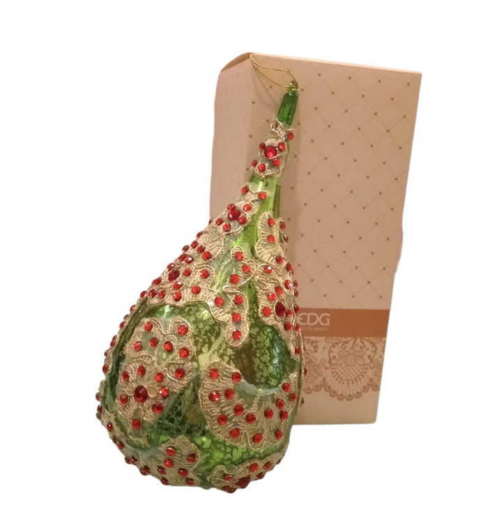 Sfera a goccia verde con ricami e scatola firmata EDG Enzo De Gasperi, decorazione natalizia di lusso