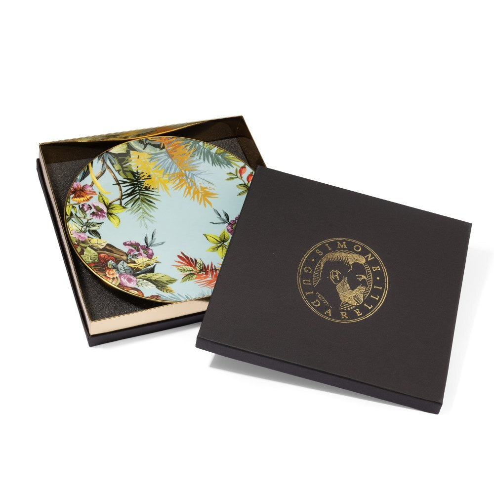 Piatti piano sky  Exotic Jungle di Simone Guidarelli con confezione regalo elegante nera e dettagli dorati.