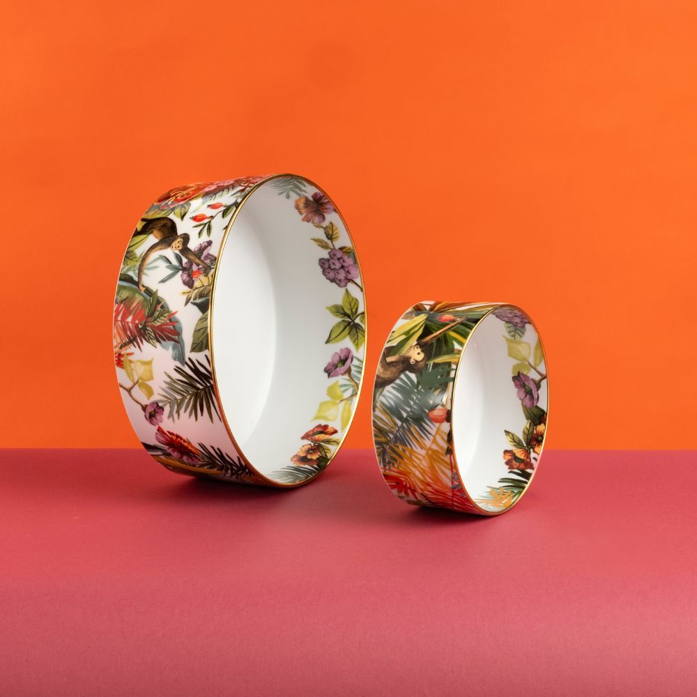 Insalatiera Exotic Jungle White Simone Guidarelli con coppette coordinate tropicali