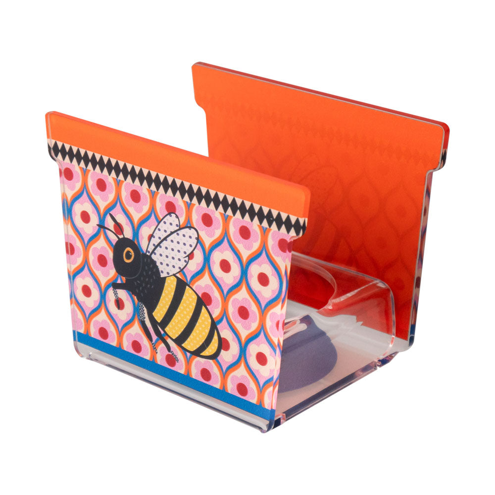 Vasetto portapianta in cristallo acrilico con ape simbolica gialla e nera, grafica floreale colorata, idea bomboniera collezione JOY