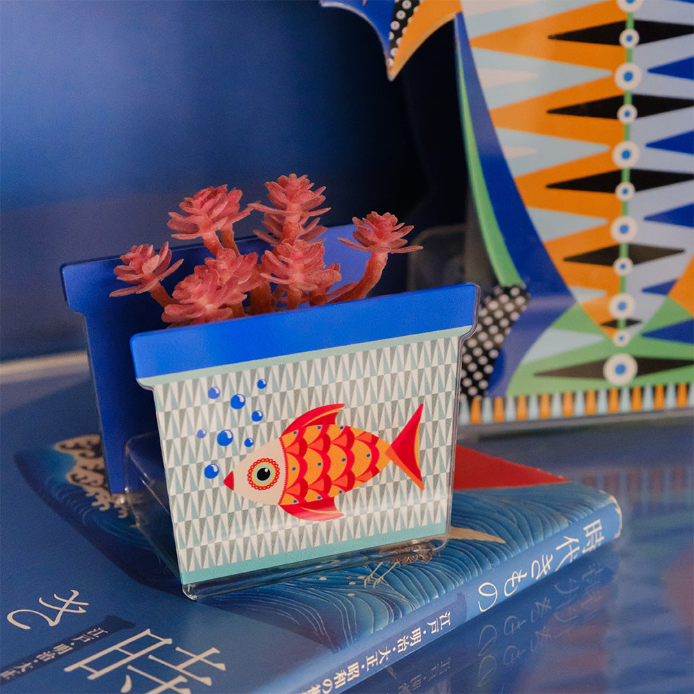 Vasetto portapianta in cristallo acrilico con pesce arancione stilizzato, decorazione colorata collezione JOY, idea bomboniera originale
