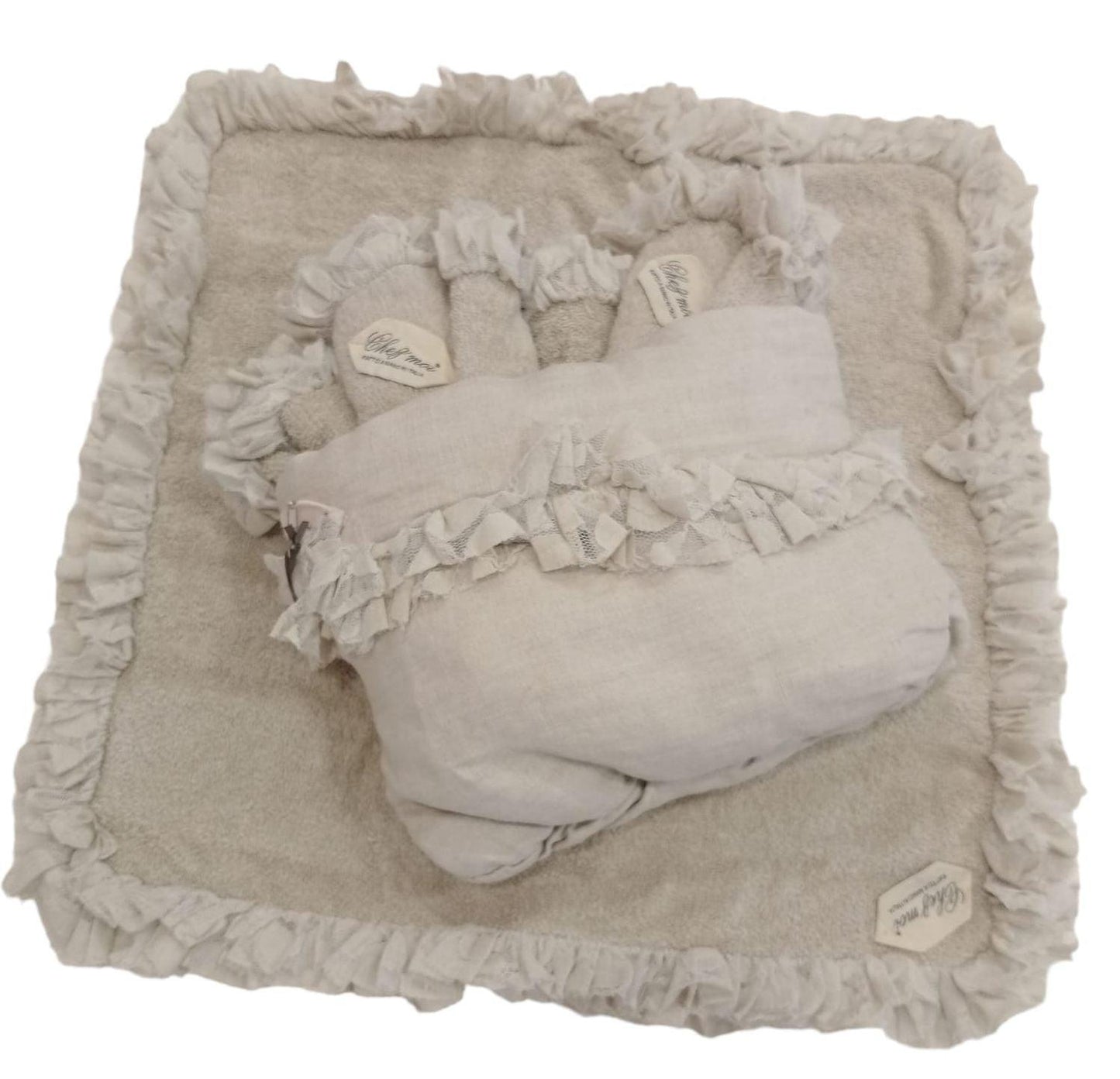 Set de 3 serviettes de bain Lavette avec élégant sac en lin, couleur : Argile avec dentelle, 100% Made in Italy - Chez Moi