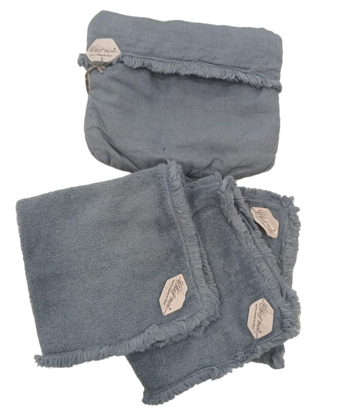 Set de 3 serviettes de bain Lavette avec élégant sac en lin, couleur : Bleu Denim, 100% Made in Italy - Chez Moi