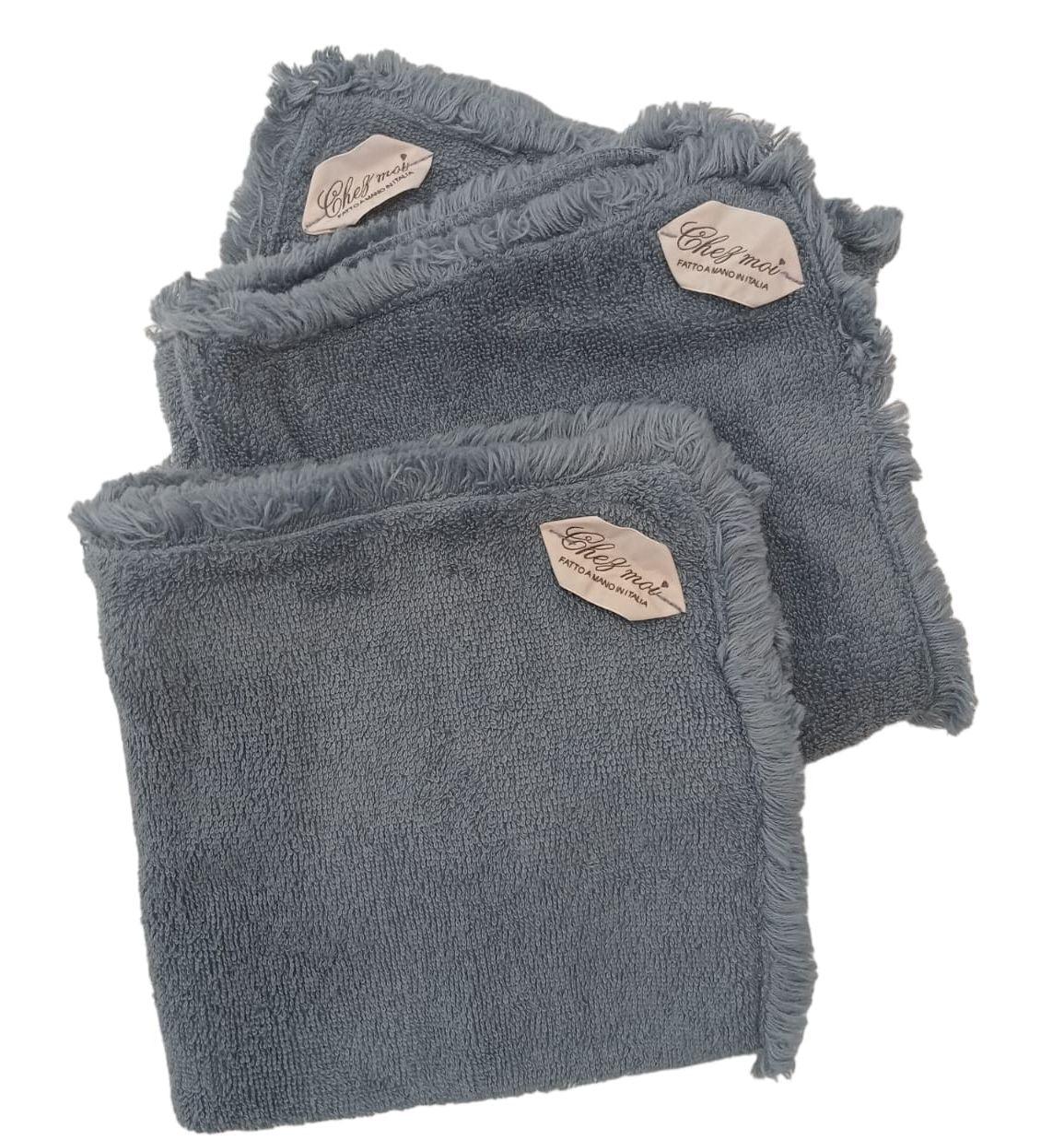 Set de 3 serviettes de bain Lavette avec élégant sac en lin, couleur : Bleu Denim, 100% Made in Italy - Chez Moi