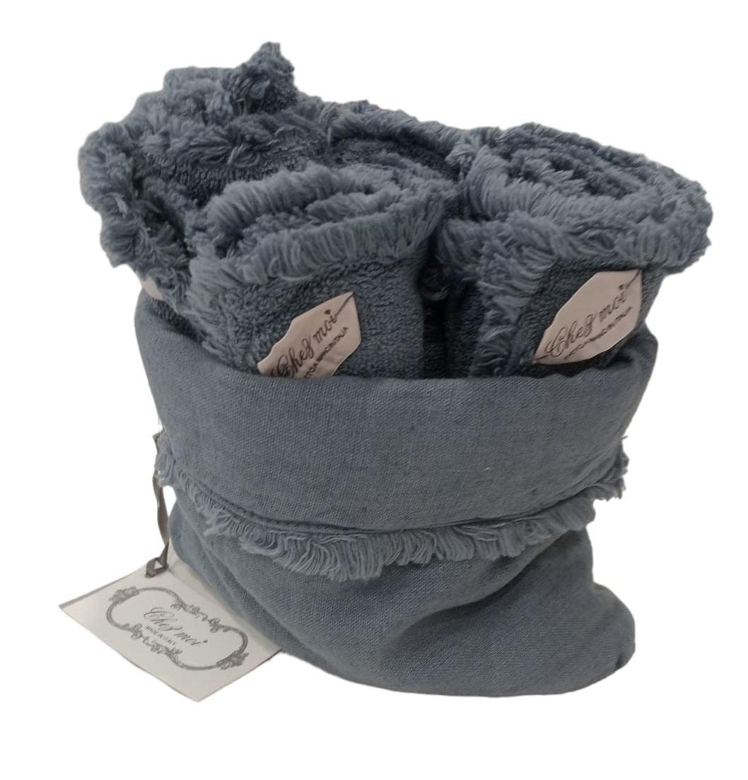 Set de 3 serviettes de bain Lavette avec élégant sac en lin, couleur : Bleu Denim, 100% Made in Italy - Chez Moi