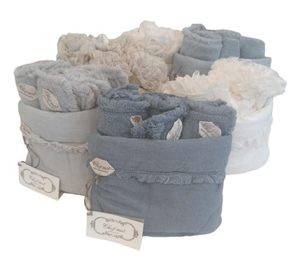 Set de 3 serviettes de bain Lavette avec élégant sac en lin, couleur : Bleuet, 100% Made in Italy - Chez Moi