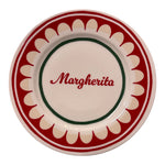 Piatto in porcellana Ø21 cm con scritta “Margherita”, bordo rosso decorato e cerchio verde centrale