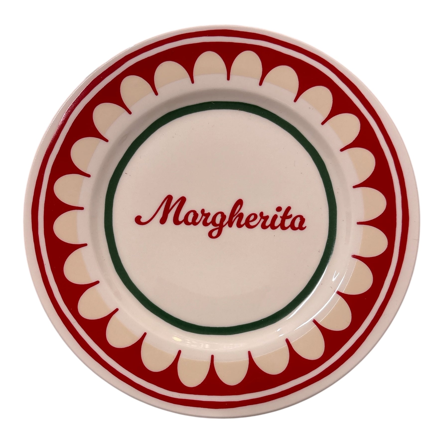 Piatto in porcellana Ø21 cm con scritta “Margherita”, bordo rosso decorato e cerchio verde centrale
