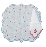 Americano in lino cerato con ricamo ancore rosse e blu e tovagliolo piegato con ancora rossa