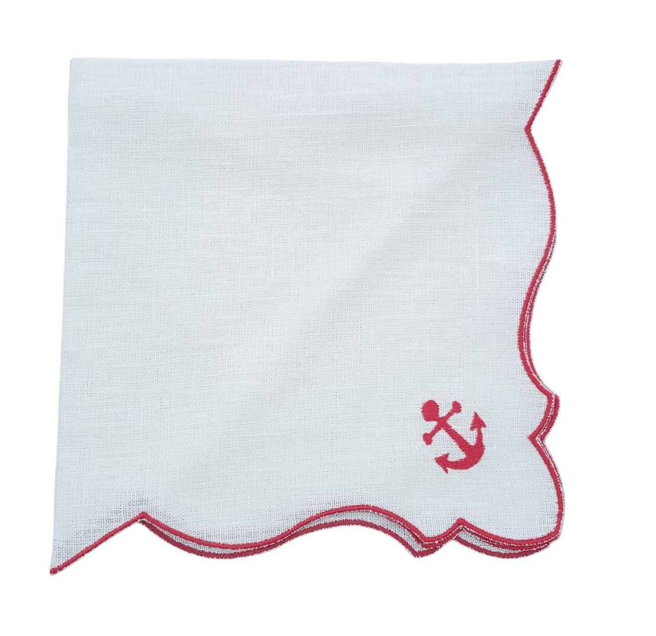 Tovagliolo in lino cerato con ricamo ancora rossa coordinato al set americano