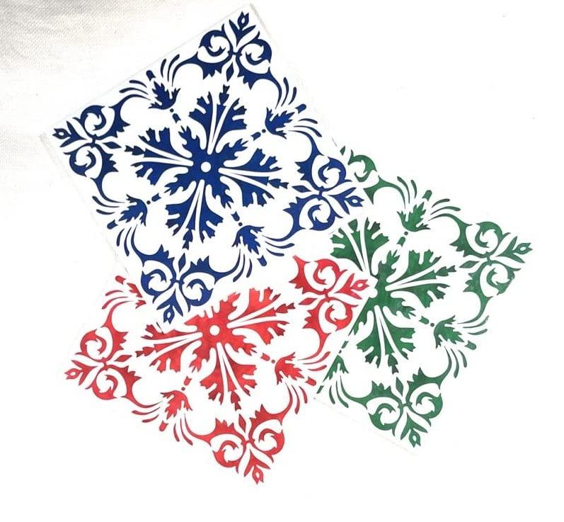 Mattonelle decorative Mario Luca Giusti modello Tiziano in rosso, blu e verde, disposte a ventaglio

