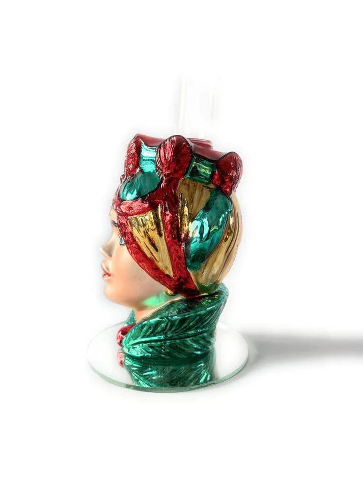 Profilo candelabro Testa di Moro donna con turbante verde e rosso, realizzato in vetro e resina lucida