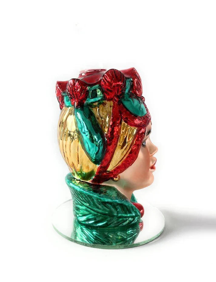 Candelabro Moro donna in vetro e resina, turbante decorato artigianalmente in stile siciliano tradizionale
