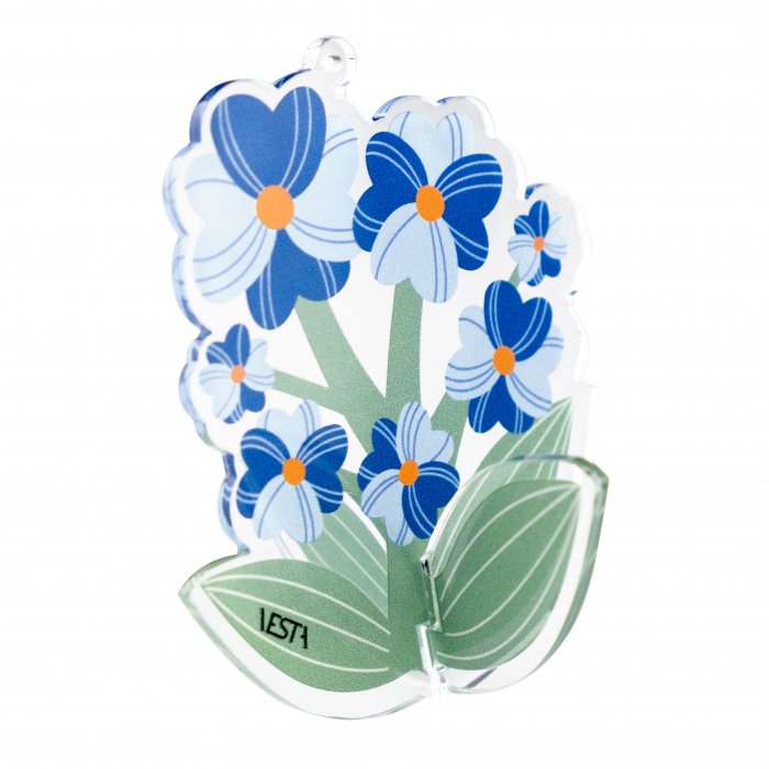 Fiore Funny Flowers di Vesta modello Non-ti-scordar-di-me in acrilico, con petali blu e foglie verdi, mostrato in piedi.