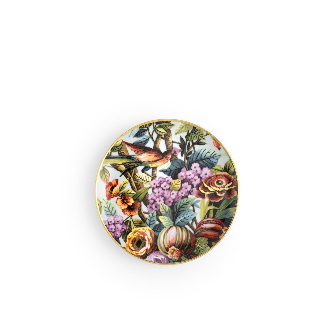 Piattino pane sky Exotic Jungle di Simone Guidarelli in porcellana con decorazioni tropicali e bordo dorato disponibile in sei varianti colore.