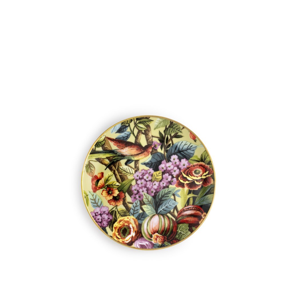 Piattino pane avocado Exotic Jungle di Simone Guidarelli in porcellana con decorazioni tropicali e bordo dorato disponibile in sei varianti colore.