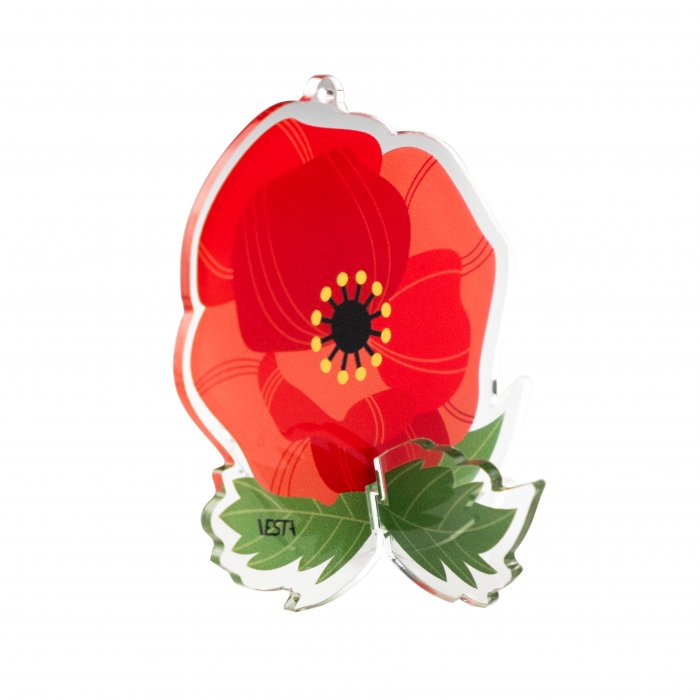 Fiore Funny Flowers di Vesta modello Papavero in acrilico rosso con foglie verdi, fotografato in piedi su fondo bianco.