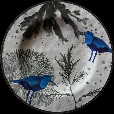 Piatto dessert in melamina con illustrazioni marine blu e nere, collezione Oceano Illustrato, stile acquerello, leggero e resistente