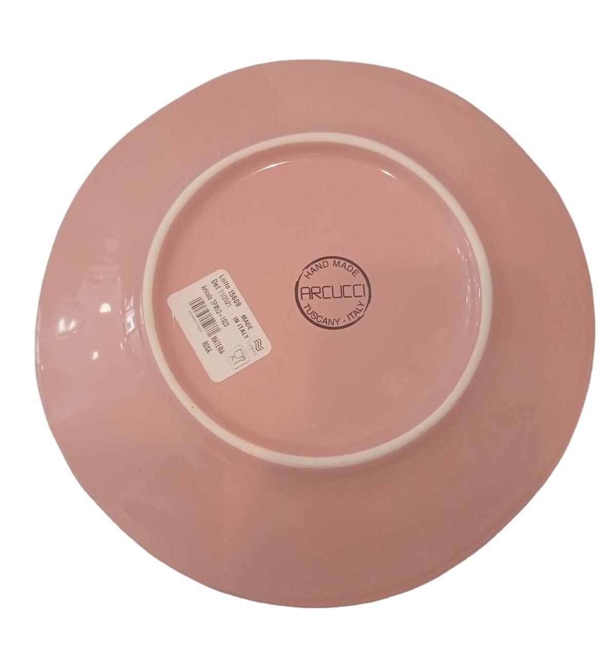 Retro piatto rosa in ceramica linea Materia con logo Arcucci e scritta Hand Made in Italy