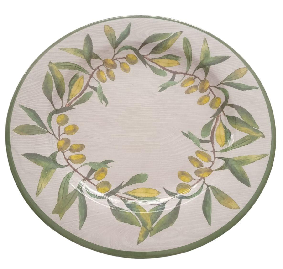 Piatto piano in melamina con decoro ulivo verde e giallo