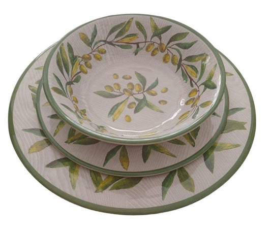 Set piatti in melamina con decoro ulivo: piano, fondo e frutta