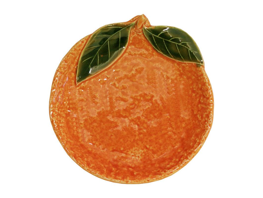 Piattino in ceramica a forma di arancia con foglie verdi, artigianato italiano Virginia Casa.
