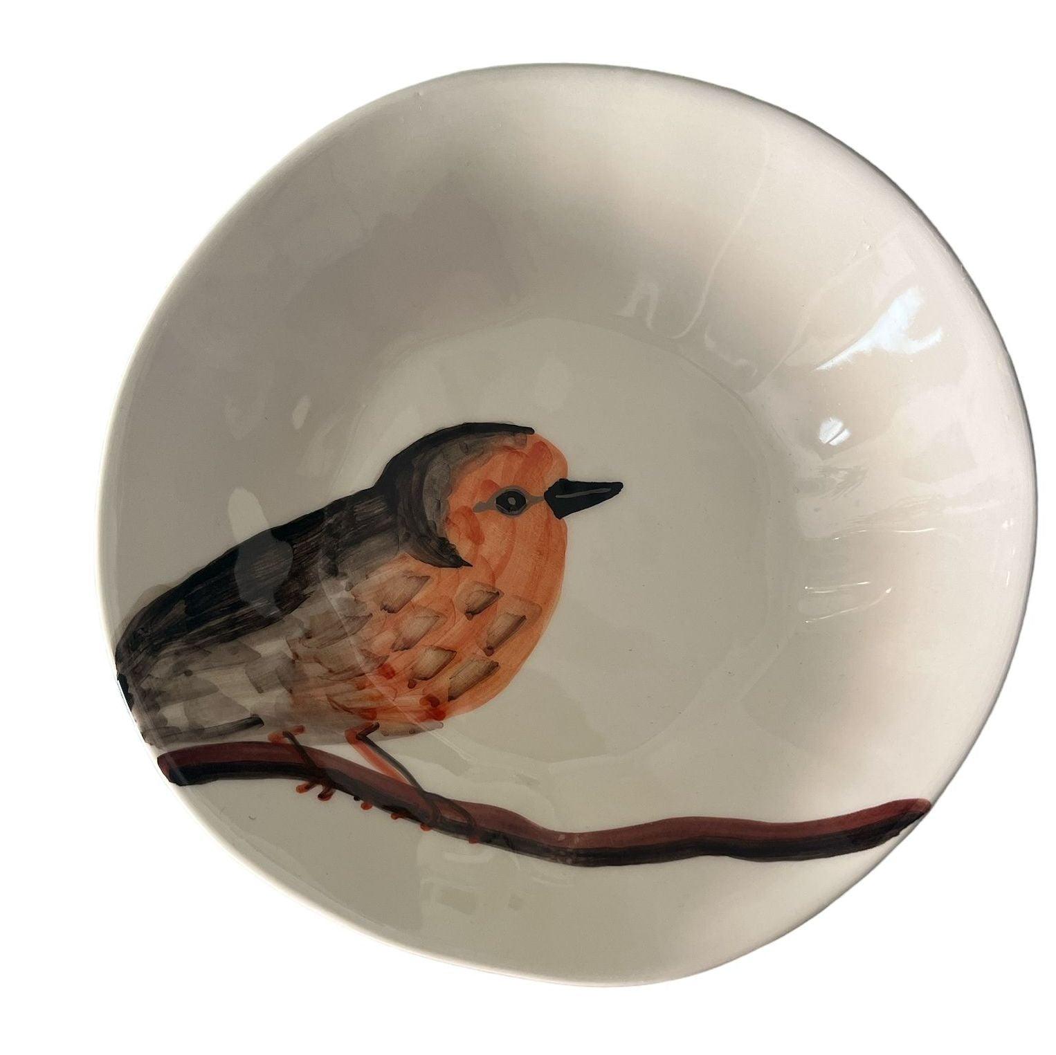 Piatto fondo in ceramica con pettirosso dipinta a mano – linea Selva Virginia Casa