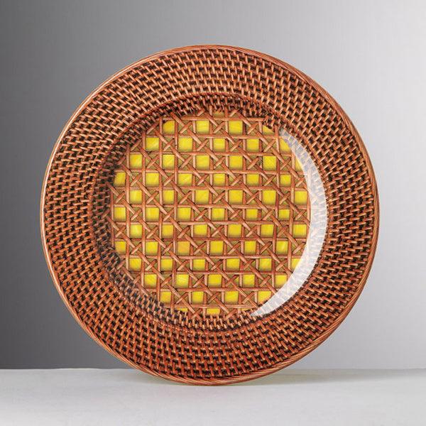 Piatto piano Patagonia giallo in melamina con decoro paglia di Vienna – Mario Luca Giusti

