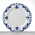 Piatto piano Tessa bianco e blu in melamina di Mario Luca Giusti con decorazione geometrica centrale