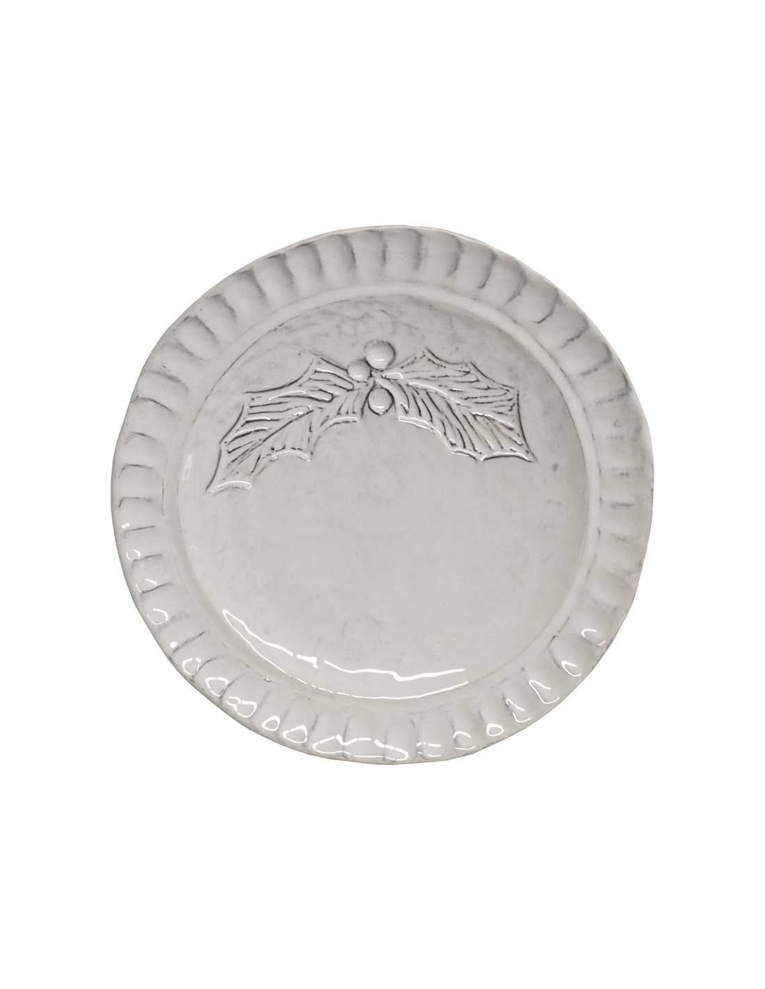 Piatto natalizio in ceramica bianca Virginia Casa con decoro in rilievo di agrifoglio, finitura lucida e bordo lavorato, diametro 22 cm.