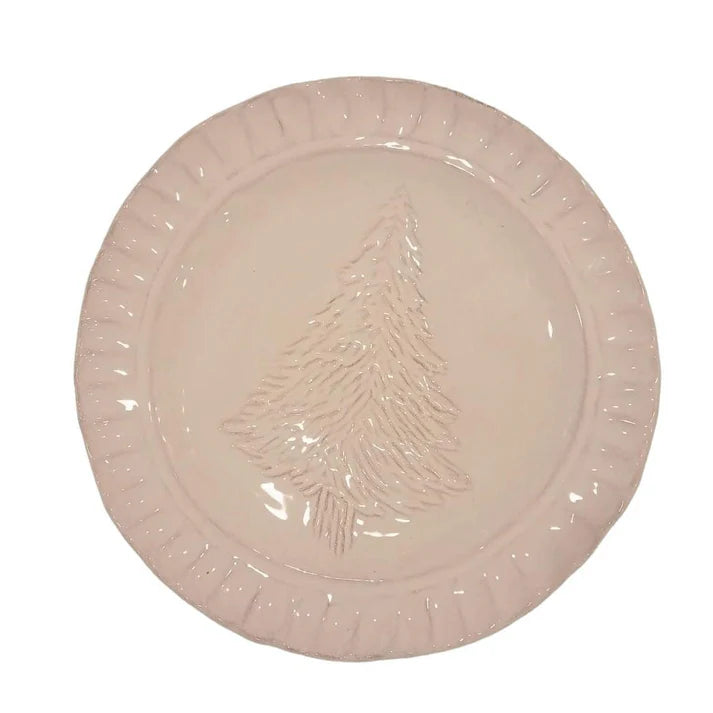 Piatto da dessert in ceramica rosa Virginia Casa con albero di Natale in rilievo. Perfetto per servire dolci durante le feste.