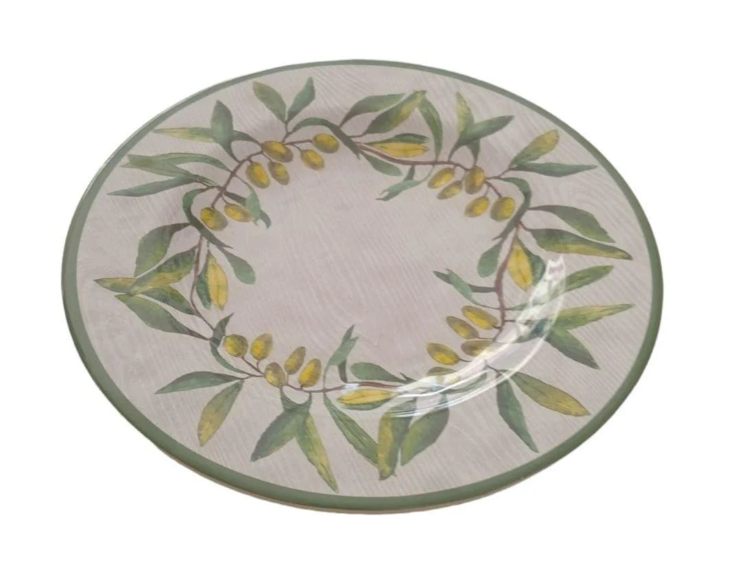 Piatto frutta/dessert in melamina con decoro ulivo verde e giallo