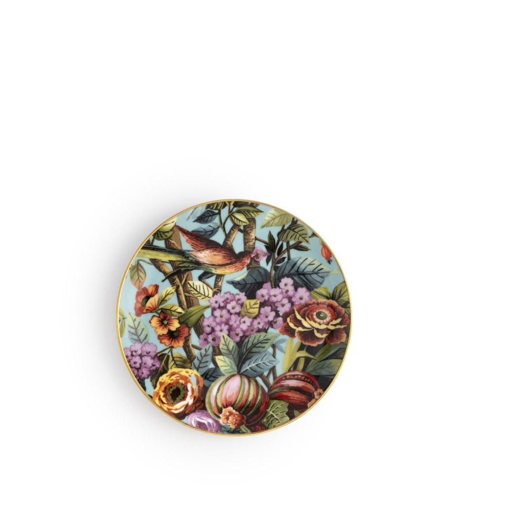 Piattino pane heavenly Exotic Jungle di Simone Guidarelli in porcellana con decorazioni tropicali e bordo dorato disponibile in sei varianti colore.